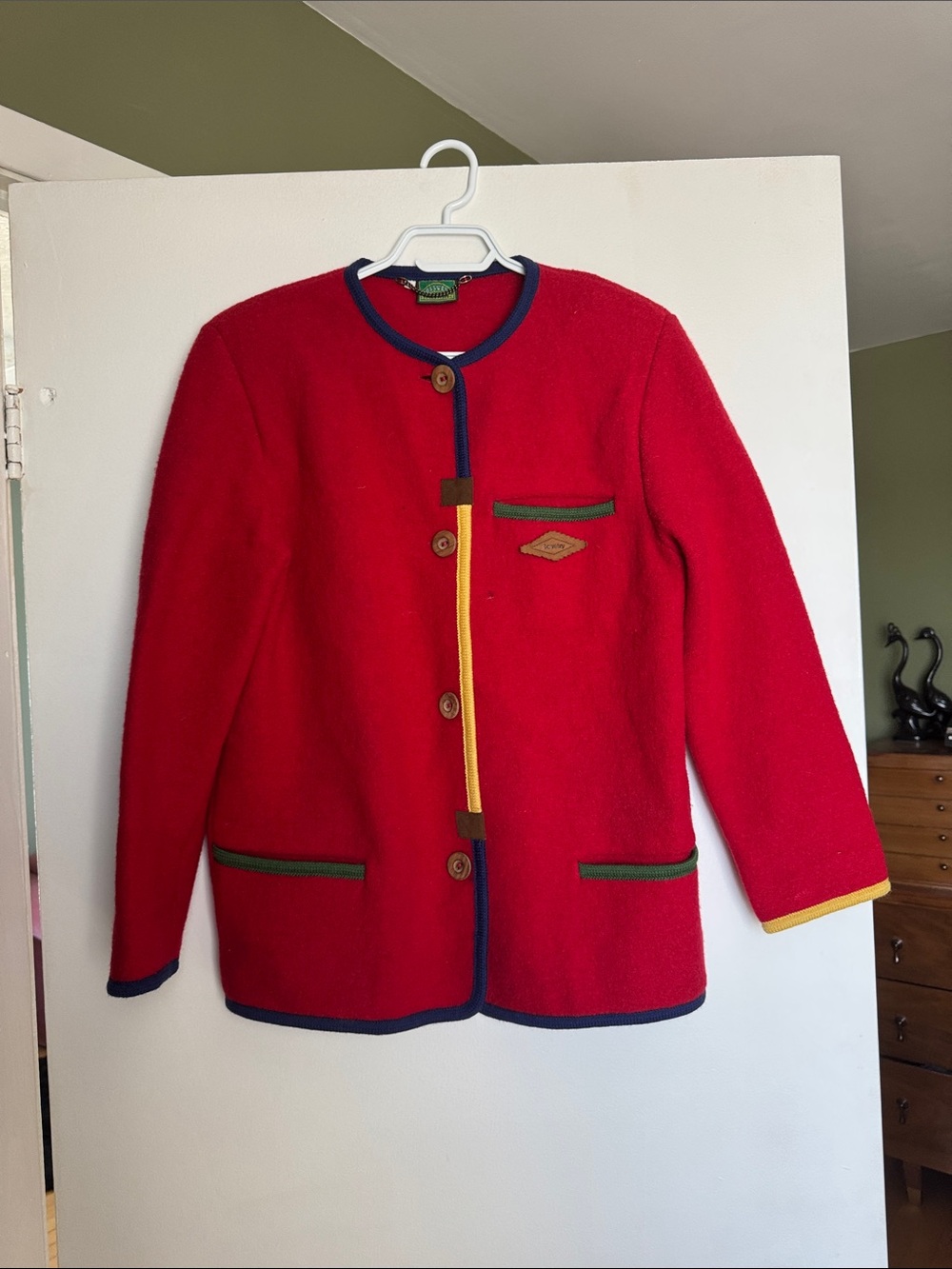 Vintage Red Wool Button-Front Jacket with Contrast Trim